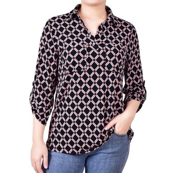 NY Collection 3/4 Roll Tab Sleeve Y‎ Neck Top Black/Red Chain LP NWT IN PKG - Picture 1 of 5